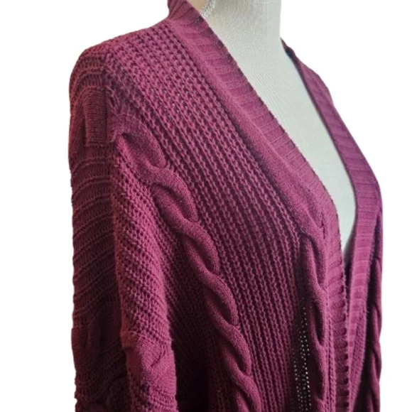 L Love Women's Burgundy Cable Knit Long Cardigan - Picture 2 of 7